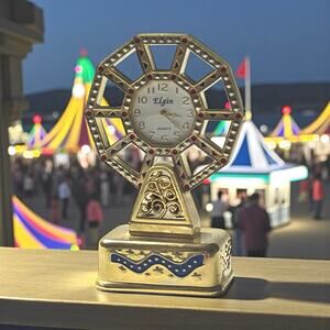 Elgin Ferris Wheel Mini Clock Vintage Gold Tone Quartz Desk Display Gift Decor